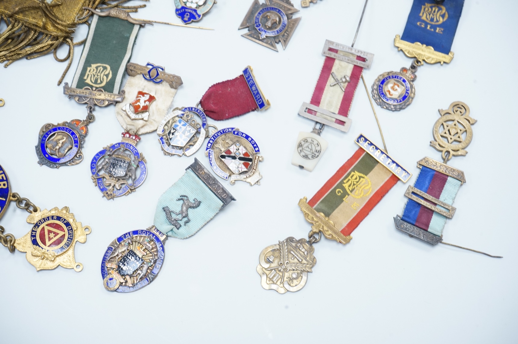 A group of Masonic medals, ‘jewels’ many enamelled and sashes, together with an early 19th century certificate